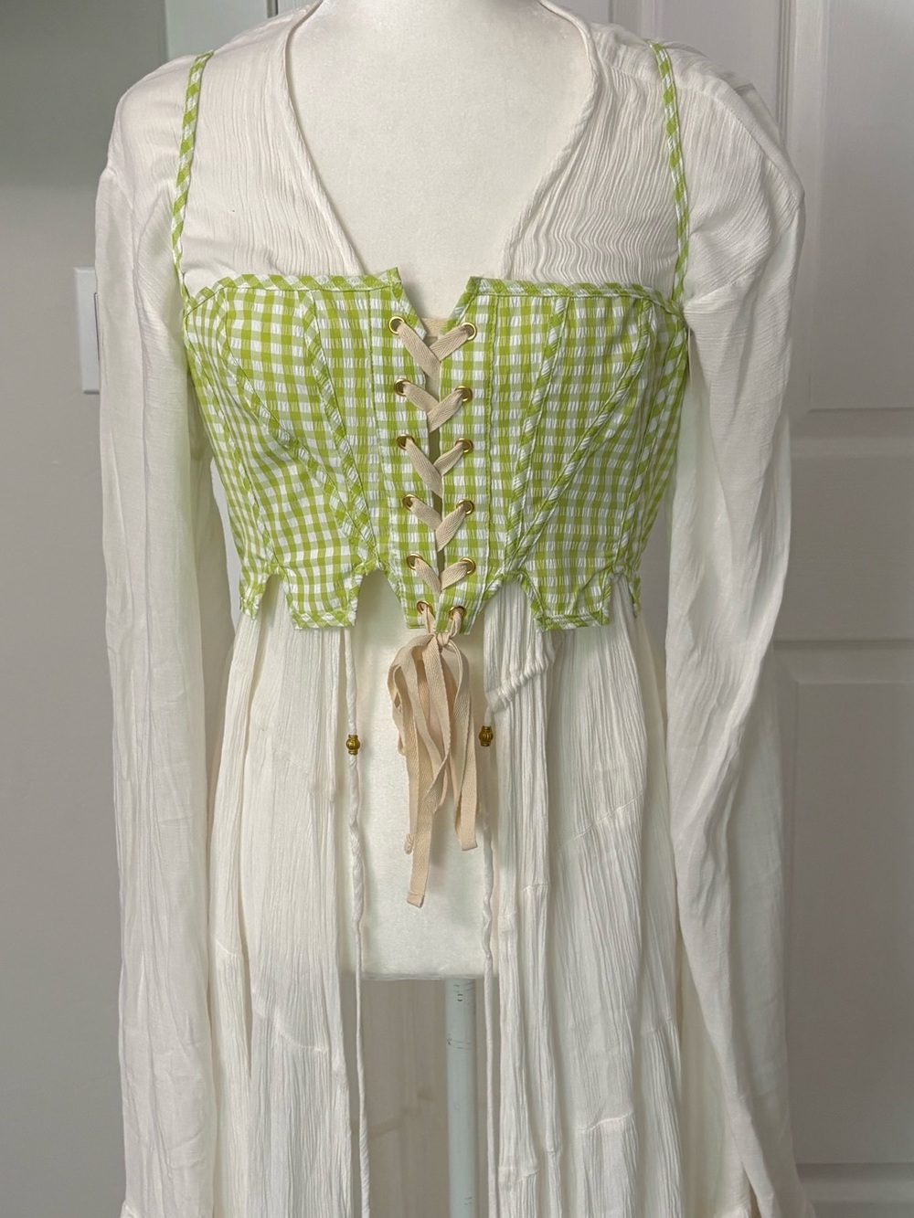Anthropologie Lime Gingham Lace-Up Corset Camisole